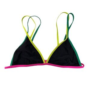 Shein‎ Triangle Bikini Top Neon Trim Black Swimsuit Beach Summer L 359